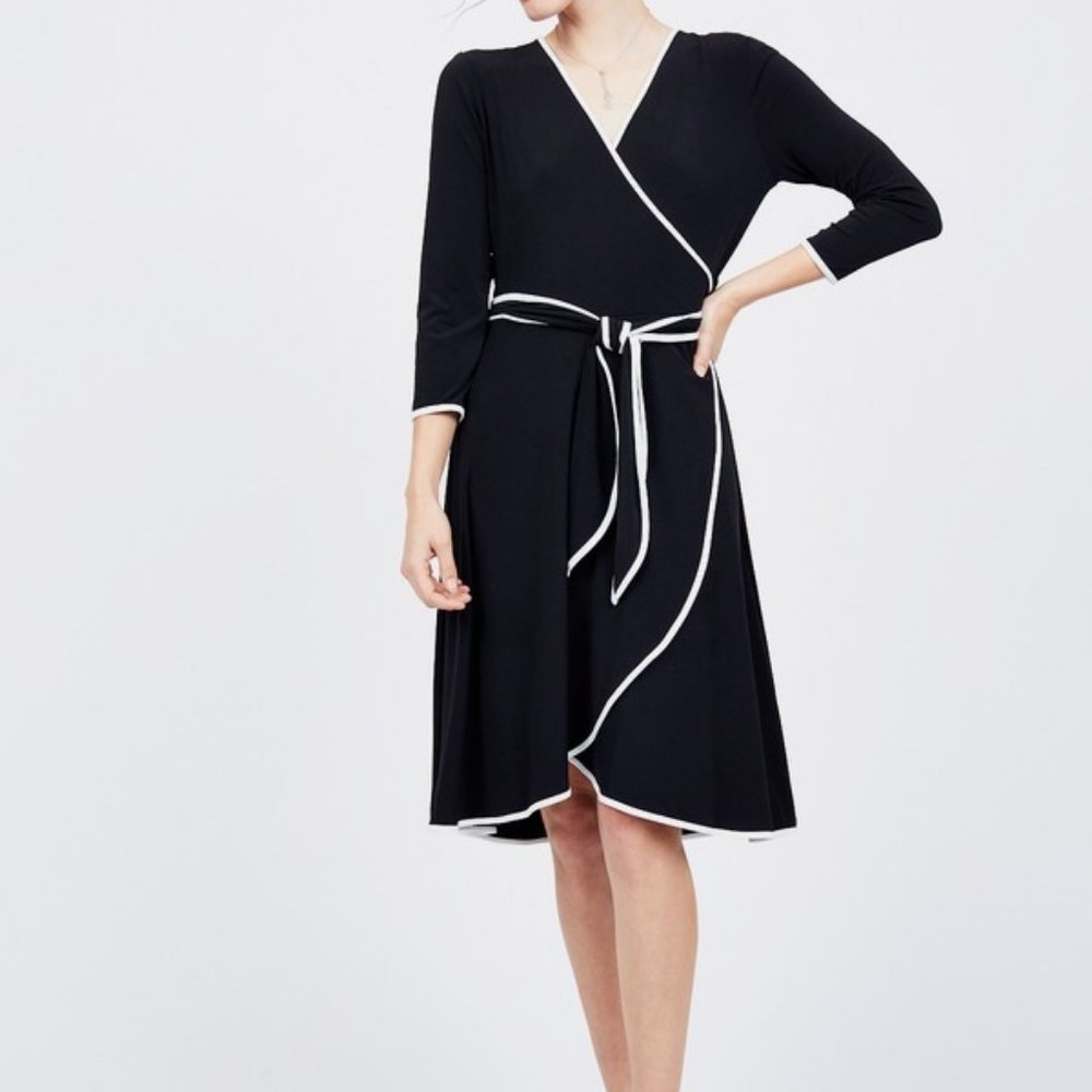 Calvin Klein Black Wrap Dress with White Piped Trim